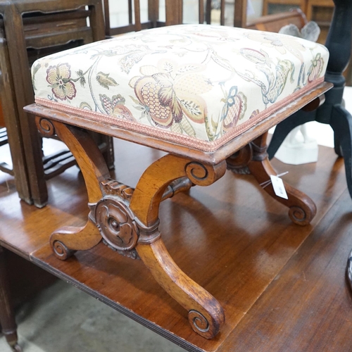 1019 - A Victorian rosewood X framed dressing stool, width 53cm, depth 44cm, height 46cm