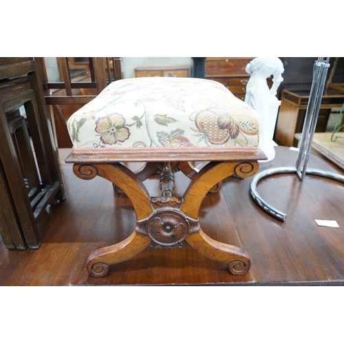 1019 - A Victorian rosewood X framed dressing stool, width 53cm, depth 44cm, height 46cm