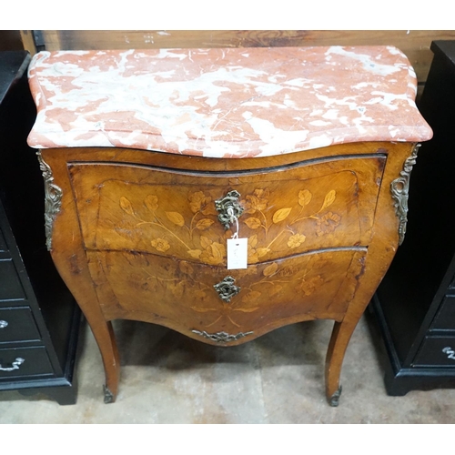 1028 - A Louis XVI style marquetry inlaid gilt metal mounted marble top bombe commode, width 83cm, depth 44... 