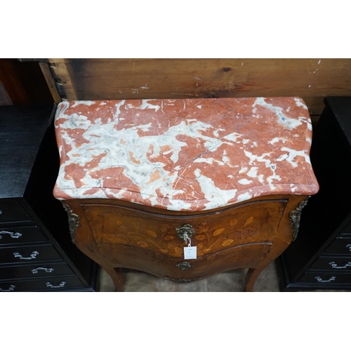 1028 - A Louis XVI style marquetry inlaid gilt metal mounted marble top bombe commode, width 83cm, depth 44... 