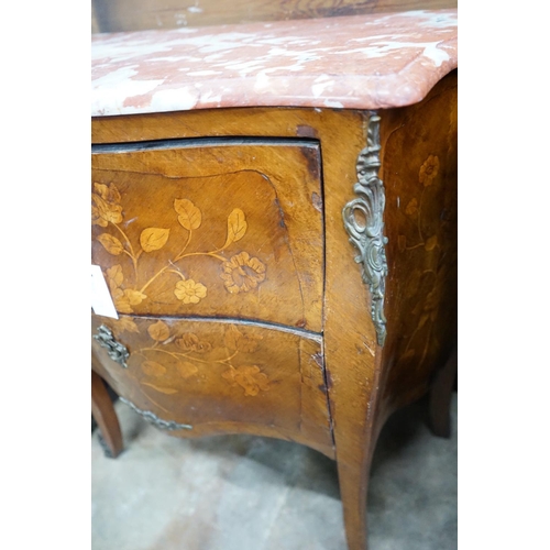 1028 - A Louis XVI style marquetry inlaid gilt metal mounted marble top bombe commode, width 83cm, depth 44... 