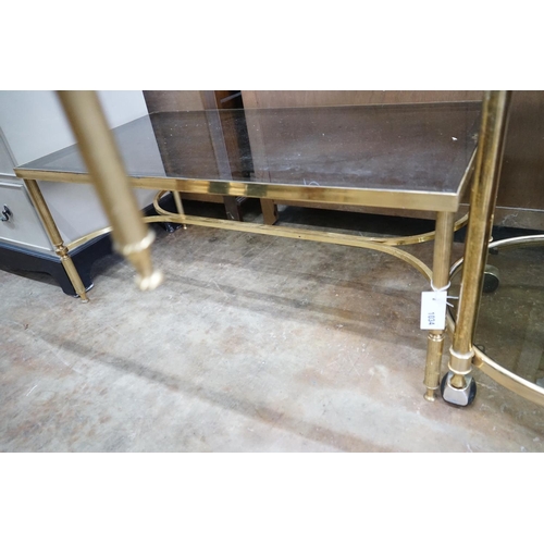 1034 - A brass and smoked glass rectangular coffee table, width 99cm, depth 51cm, height 42cm