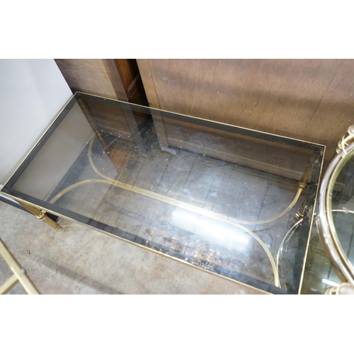 1034 - A brass and smoked glass rectangular coffee table, width 99cm, depth 51cm, height 42cm