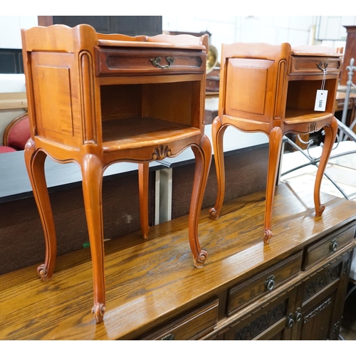 1040 - A pair of Louis XV style beech and cherry bedside tables, width 39cm, depth 30cm, height 69cm