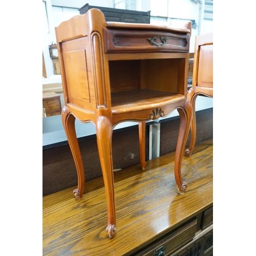 1040 - A pair of Louis XV style beech and cherry bedside tables, width 39cm, depth 30cm, height 69cm