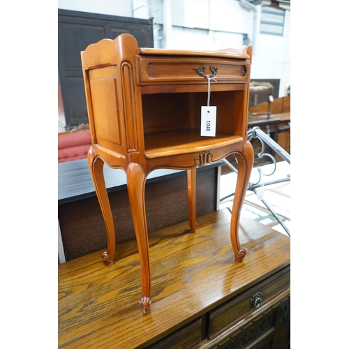 1040 - A pair of Louis XV style beech and cherry bedside tables, width 39cm, depth 30cm, height 69cm