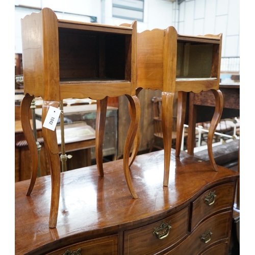 1042 - A pair of French style cherry bedside cabinets, width 37cm, depth 28cm, height 69cm