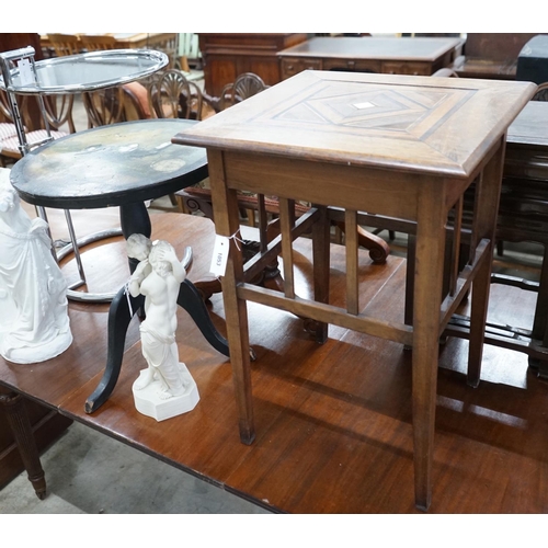 1053 - An early 20th century parquetry inlaid square occasional table and a Victorian and later painted tri... 