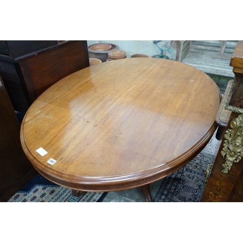 1063 - A Victorian mahogany oval tilt-top loo table width 134cms, depth 104, height 72cms.