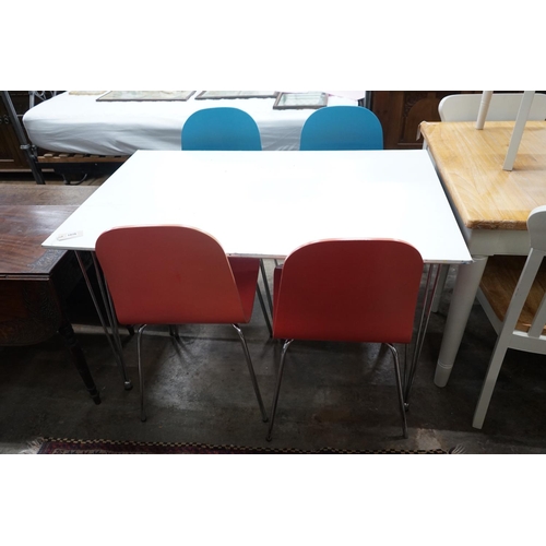 1076 - A contemporary John Lewis painted ply and chrome table and four chairs, table width 120cms, depth 76... 