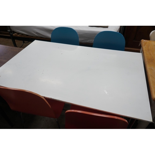 1076 - A contemporary John Lewis painted ply and chrome table and four chairs, table width 120cms, depth 76... 