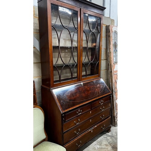 1083 - A George III inlaid mahogany bureau, with later top section, width 116cm, depth 51cm, height 232cm... 