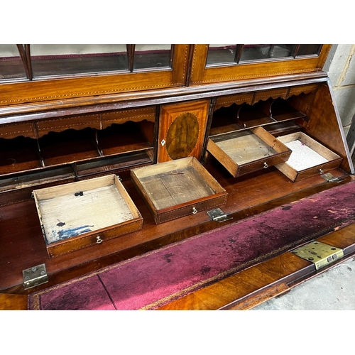 1083 - A George III inlaid mahogany bureau, with later top section, width 116cm, depth 51cm, height 232cm... 