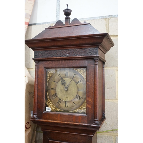 1108 - A George III oak 30 hour longcase clock, brass dial marked Amos Kelsall, Hereford, height 220cms.... 