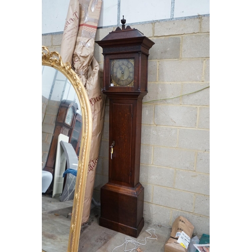 1108 - A George III oak 30 hour longcase clock, brass dial marked Amos Kelsall, Hereford, height 220cms.... 