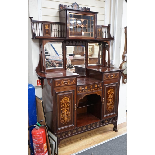 1110 - An Arts & Crafts marquetry inlaid mahogany amaryllis pattern side cabinet, in the manner of Shapland... 