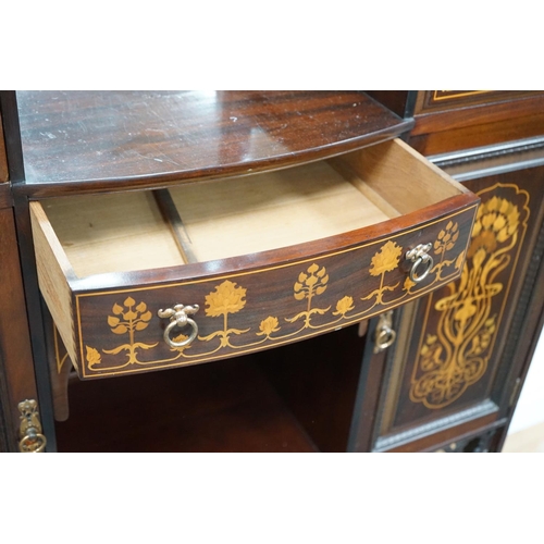 1110 - An Arts & Crafts marquetry inlaid mahogany amaryllis pattern side cabinet, in the manner of Shapland... 