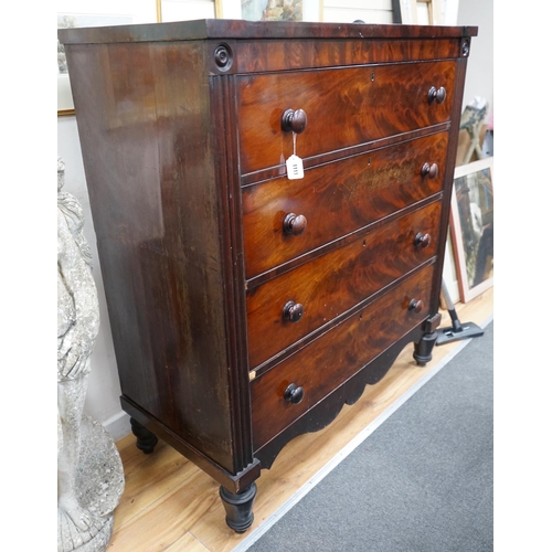 1111 - An early Victorian mahogany chest of four drawers, width 121cm, depth 53cm, height 134cm