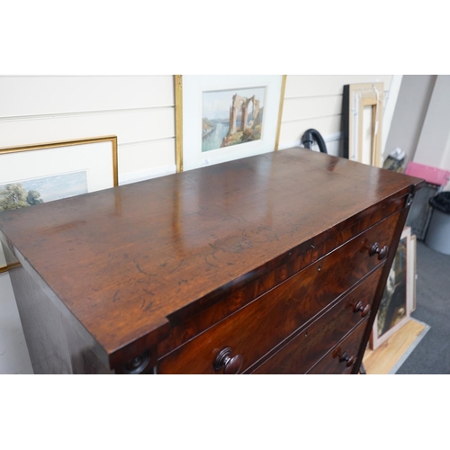 1111 - An early Victorian mahogany chest of four drawers, width 121cm, depth 53cm, height 134cm