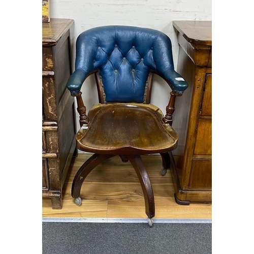 1116 - A late Victorian mahogany part upholstered desk chair, width 59cm, depth 62cm, height 82cm