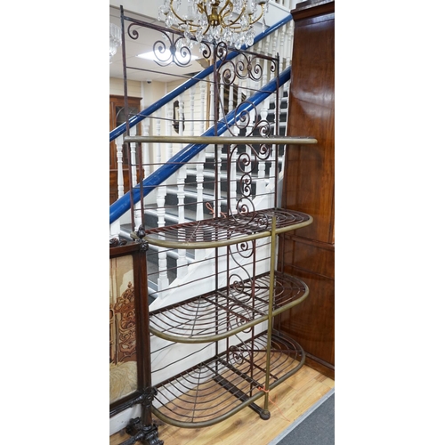 1118 - A 19th century French wrought iron and brass bakers rack, width 115cm, depth 46cm, height 215cm... 