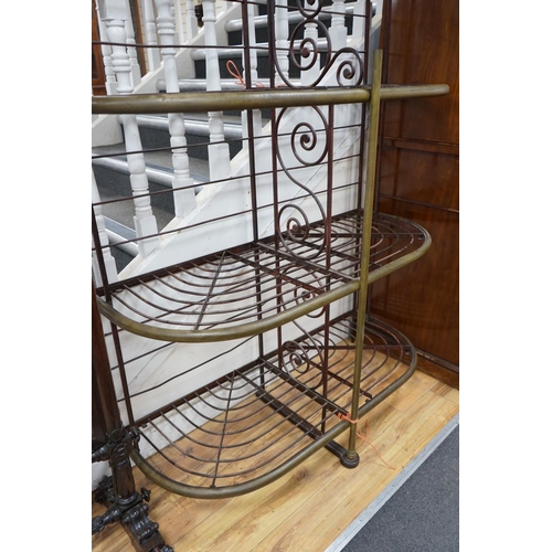 1118 - A 19th century French wrought iron and brass bakers rack, width 115cm, depth 46cm, height 215cm... 