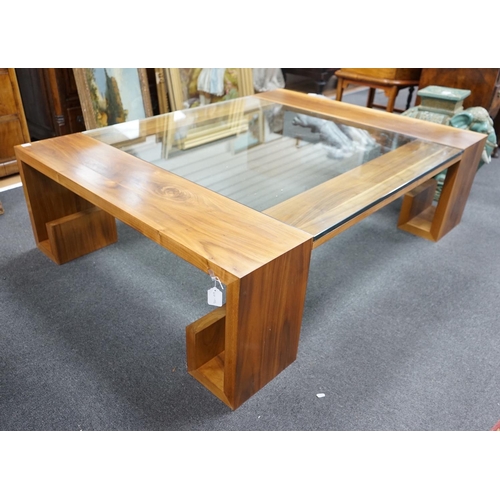 1123 - A contemporary hardwood and plate glass coffee table, length 160cm, depth 120cm, height 45cm