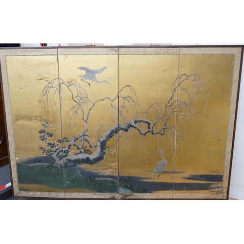 1139 - A Japanese four fold screen painted with a Crane above a Prunus tree now fixed as a wall panel, 184c... 