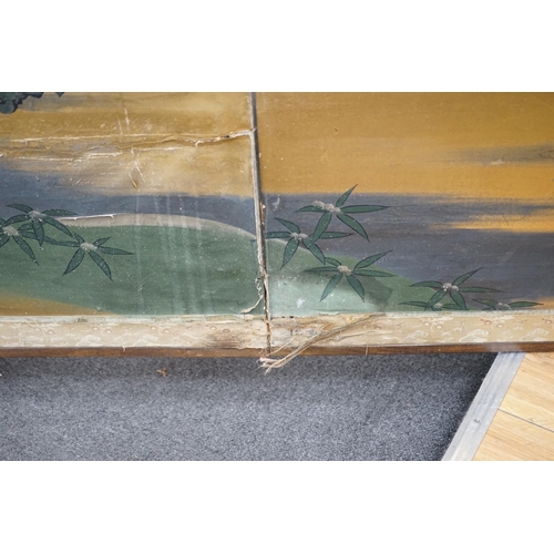 1139 - A Japanese four fold screen painted with a Crane above a Prunus tree now fixed as a wall panel, 184c... 