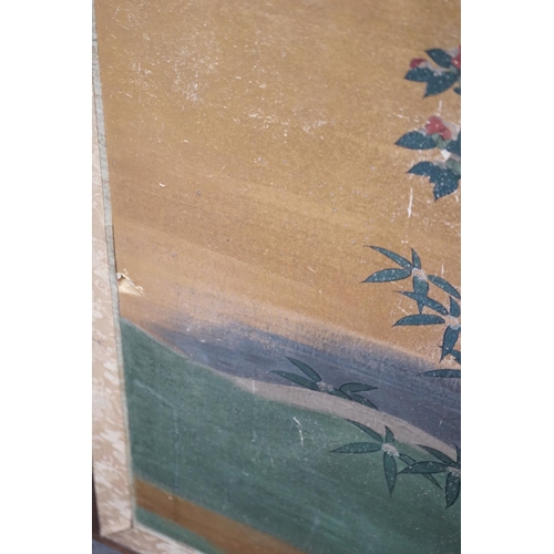 1139 - A Japanese four fold screen painted with a Crane above a Prunus tree now fixed as a wall panel, 184c... 