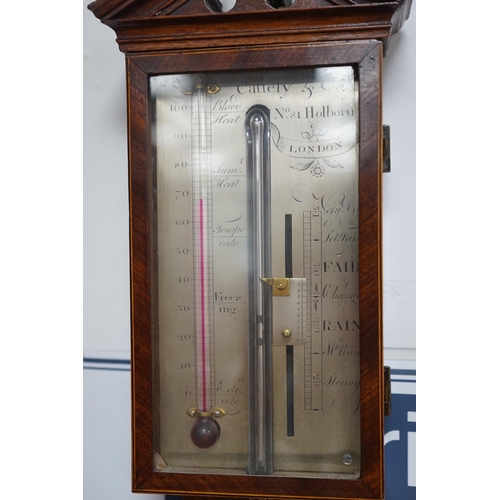 1140 - Cattely & Co, Holborn, London. A George III feathered walnut stick barometer, height 98cms. with bon... 