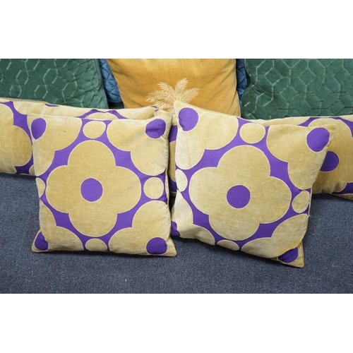 1142 - Ten assorted cushions two pairs in purple/gold velvetone pair gold with palm leavesone pair quilted ... 