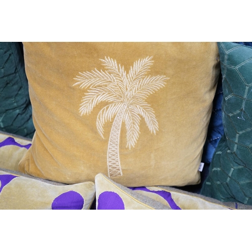 1142 - Ten assorted cushions two pairs in purple/gold velvetone pair gold with palm leavesone pair quilted ... 