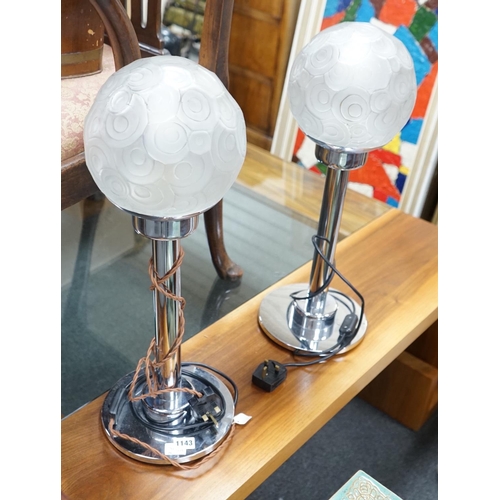 1143 - A pair of Art Deco style chrome and frosted glass lamps