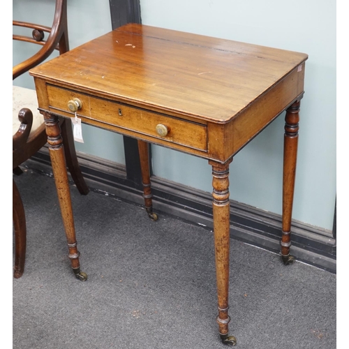 1158 - A George IV mahogany writing table with frieze drawer on turned legs, width 61cm, depth 45cm, height... 