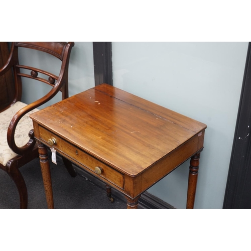 1158 - A George IV mahogany writing table with frieze drawer on turned legs, width 61cm, depth 45cm, height... 