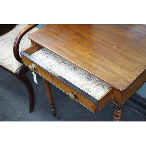 1158 - A George IV mahogany writing table with frieze drawer on turned legs, width 61cm, depth 45cm, height... 