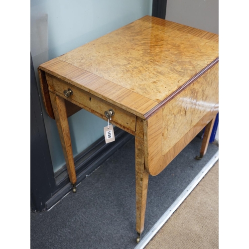 1159 - A George III burr elm and tulipwood banded mahogany Pembroke table with frieze drawer, width 105cm e... 