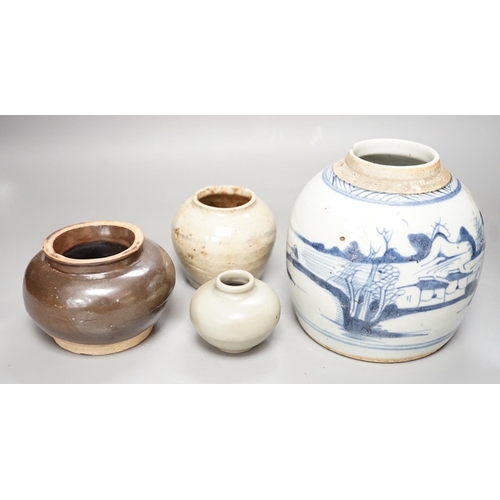 1251 - A Chinese celadon jarlet, Yuan-Ming Dynasty, two provincial stoneware jars and a 19th century Chines... 