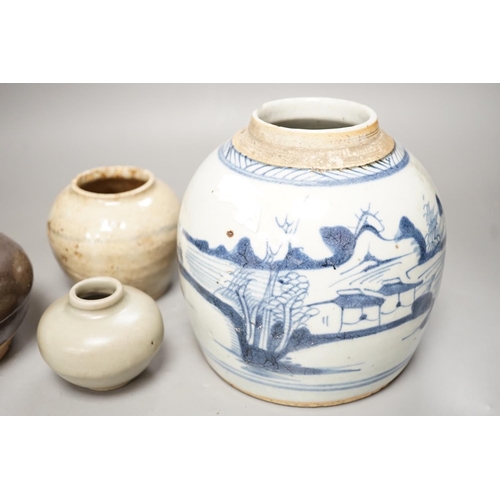 1251 - A Chinese celadon jarlet, Yuan-Ming Dynasty, two provincial stoneware jars and a 19th century Chines... 