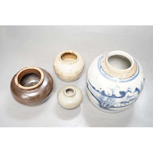 1251 - A Chinese celadon jarlet, Yuan-Ming Dynasty, two provincial stoneware jars and a 19th century Chines... 