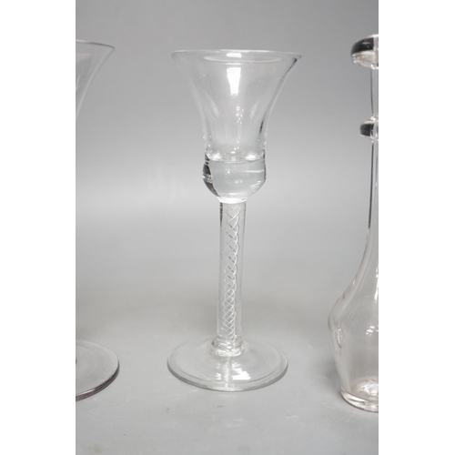 1252 - Three opaque or airtwist stem drinking glasses together with a Toddy lifter - 18cm high