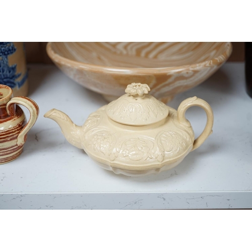 1254 - A Victorian solid agate ware pottery jug, a similar bowl and pair of miniature jugs, an unusual Doul... 