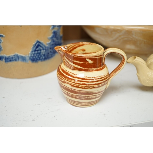 1254 - A Victorian solid agate ware pottery jug, a similar bowl and pair of miniature jugs, an unusual Doul... 