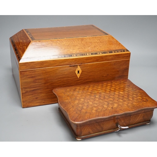 1258 - A 19th century partridge-wood and coromandel banded sewing box, together with a French parquetry kin... 