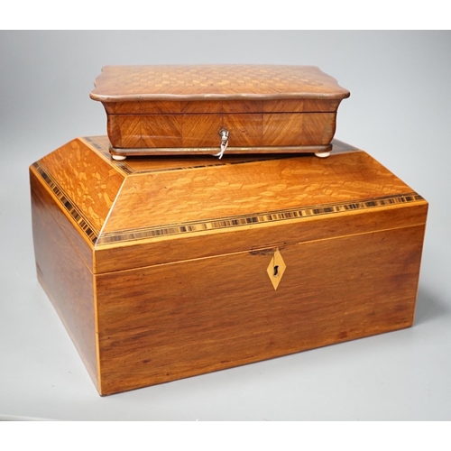 1258 - A 19th century partridge-wood and coromandel banded sewing box, together with a French parquetry kin... 