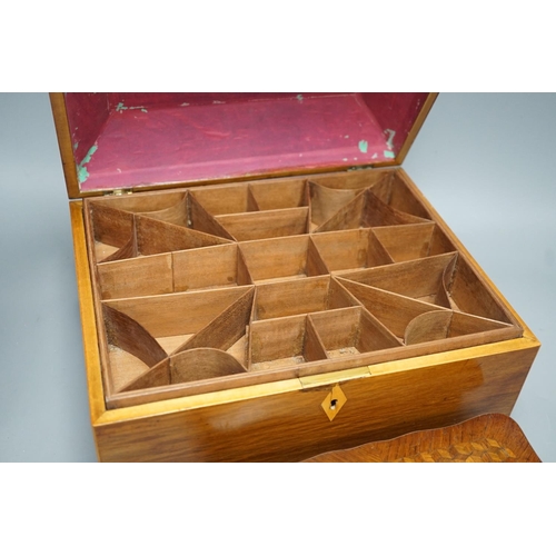 1258 - A 19th century partridge-wood and coromandel banded sewing box, together with a French parquetry kin... 