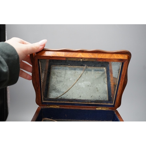 1258 - A 19th century partridge-wood and coromandel banded sewing box, together with a French parquetry kin... 