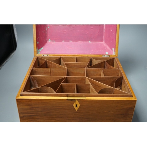 1258 - A 19th century partridge-wood and coromandel banded sewing box, together with a French parquetry kin... 