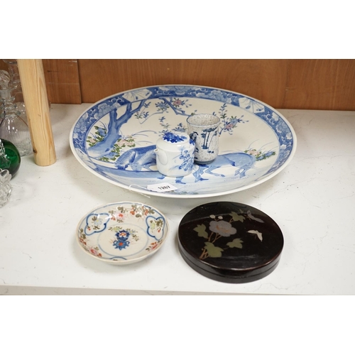 1267 - Japanese export wares, including a charger and a lacquer cased hors doeuvres set (5), charger 45cms... 